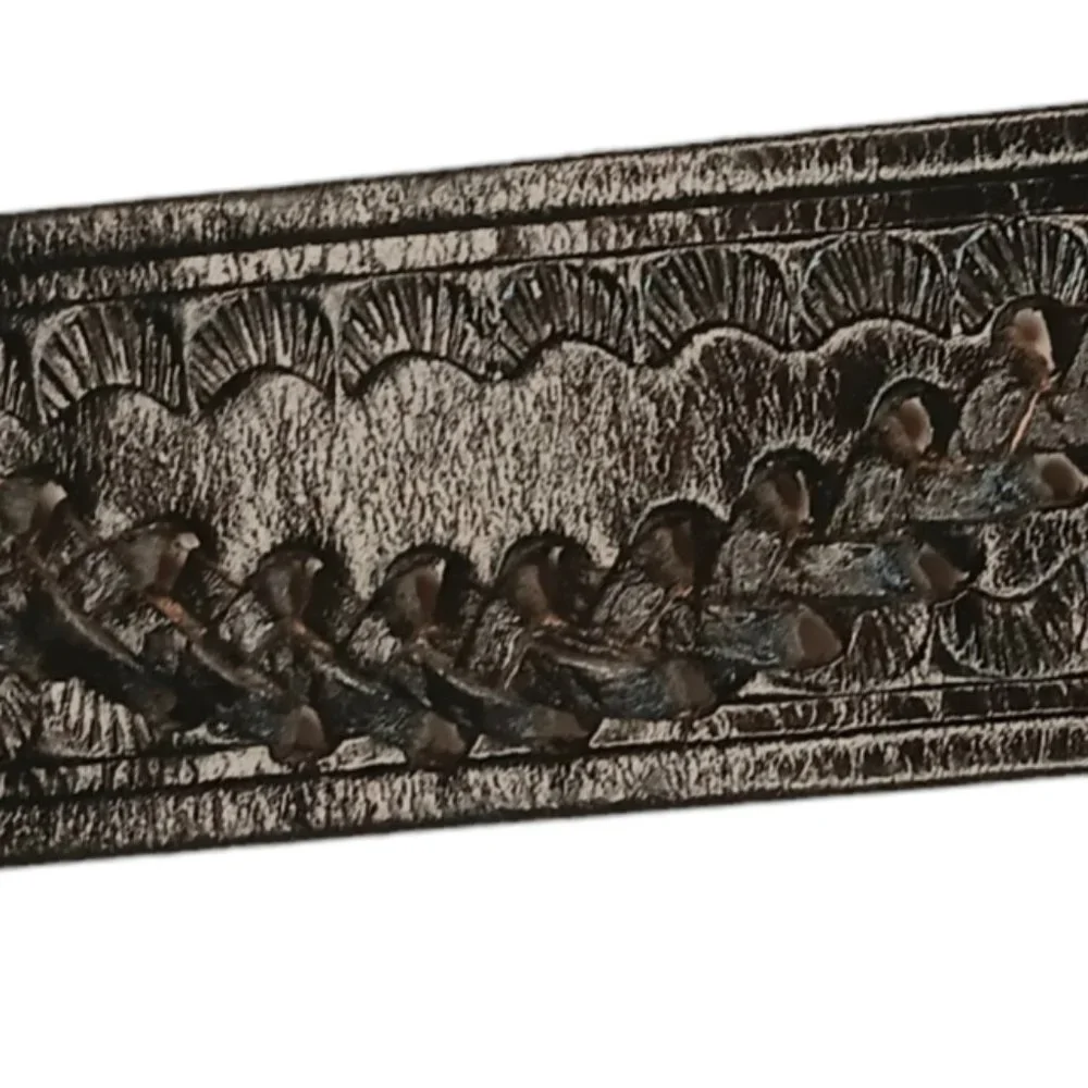 Black Leather Belt Woven Detail Scallop Design Gold Silver Sparkle Buckle